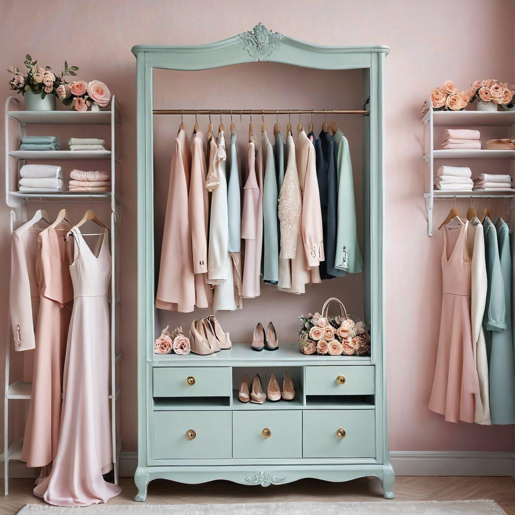 A beautifully arranged wardrobe showcasing a variety of stunning outfits, including elegant dresses, tailored suits, and stylish accessories, all set against a soft pastel background. Include a full-length mirror reflecting the clothes, and delicate flowers placed on shelves to add a touch of beauty and femininity. The lighting should be warm and inviting, emphasizing the elegance of the clothing. soft pastel colors. super-realistic. elegant style.