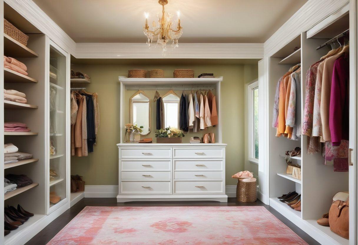 An elegant closet filled with a variety of stylish outfits, showcasing a blend of colors and textures, with plush hangers and neatly organized accessories. Soft natural light filters through an open window, creating a warm and inviting atmosphere. A decorative full-length mirror reflects the beauty of the closet, with floral accents and chic decor adding charm to the scene. super-realistic. vibrant colors. soft lighting.